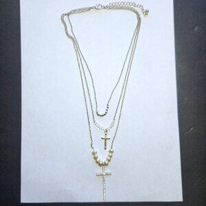 Layered Cross Necklace Silver Tone Faux Pearl Multi Strand Christian Jewellery